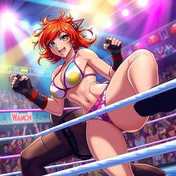 A dynamic scene featuring Hephaestus from DanMachi in a vibrant wrestling match