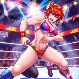 A dynamic scene featuring Hephaestus from DanMachi in a vibrant wrestling match