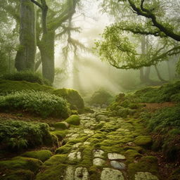 A serene landscape with deep-green moss covering ancient cobblestone paths, an ethereal fog settling over towering trees, crossing a small babbling brook glistening under the early morning sun rays.