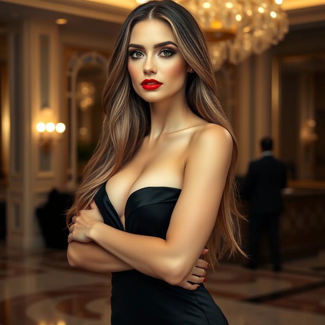 A close-up portrait of a stunning woman with long flowing hair, standing confidently with her arms crossed, wearing an elegant black evening gown that hugs her curves, accentuating her figure