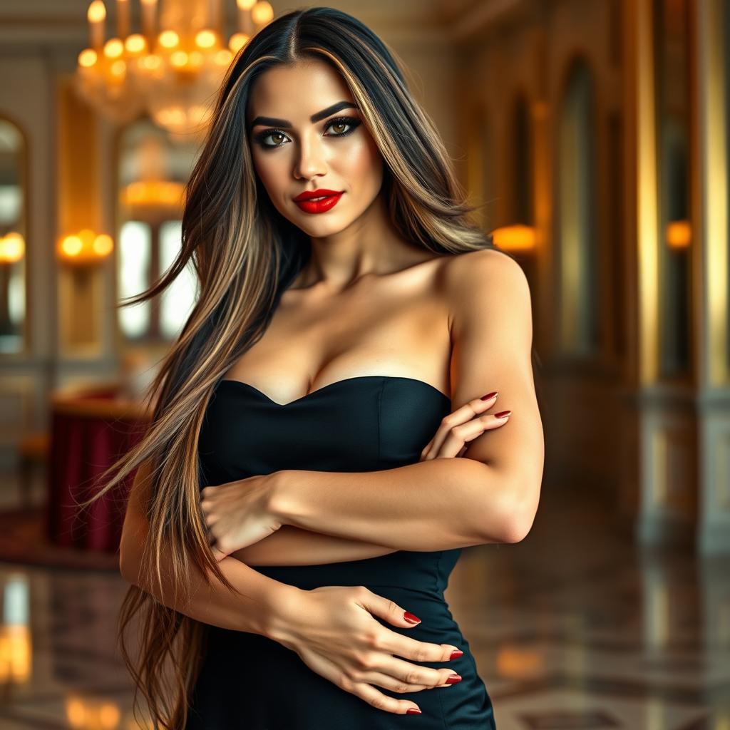 A close-up portrait of a stunning woman with long flowing hair, standing confidently with her arms crossed, wearing an elegant black evening gown that hugs her curves, accentuating her figure