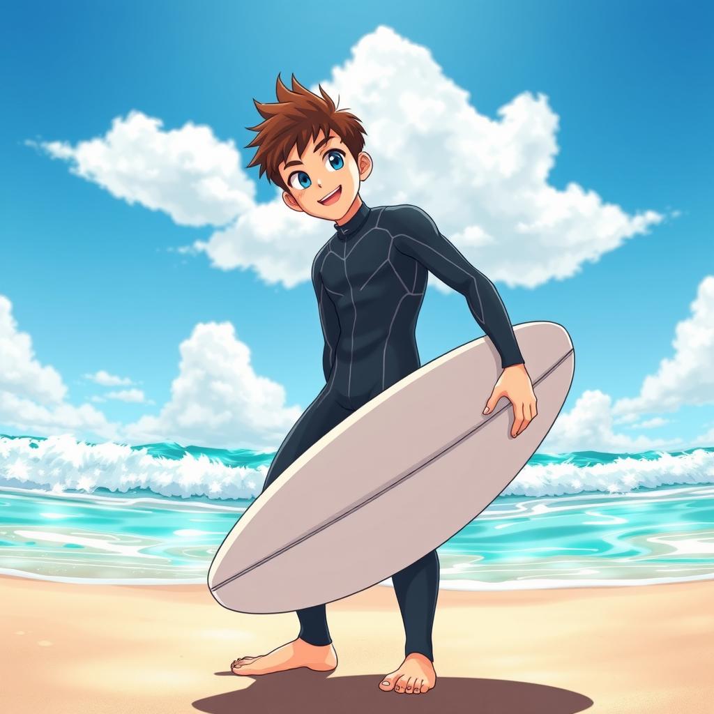 An educational science magazine cover art featuring an athletic teen male surfer in a stylish wetsuit, standing confidently on a beach