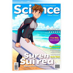 An educational science magazine cover art featuring an athletic teen male surfer in a stylish wetsuit, standing confidently on a beach