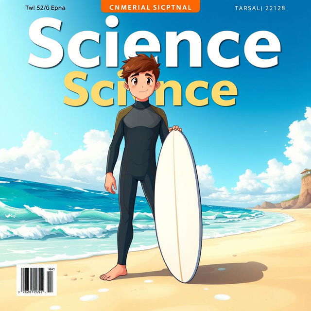 An educational science magazine cover art featuring an athletic teen male surfer in a stylish wetsuit, standing confidently on a beach