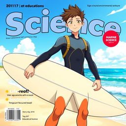 An educational science magazine cover art featuring an athletic teen male surfer in a stylish wetsuit, standing confidently on a beach