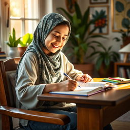 A joyful young girl wearing a beautifully patterned hijab, sitting comfortably at a wooden desk, immersed in writing in her notebook