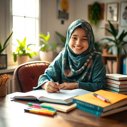 A joyful young girl wearing a beautifully patterned hijab, sitting comfortably at a wooden desk, immersed in writing in her notebook