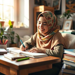 A joyful young girl wearing a beautifully patterned hijab, sitting comfortably at a wooden desk, immersed in writing in her notebook