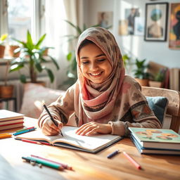 A joyful young girl wearing a beautifully patterned hijab, sitting comfortably at a wooden desk, immersed in writing in her notebook