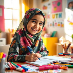 A joyful young girl wearing a vibrant, floral-patterned hijab, sitting at a desk with a big smile on her face while writing in her colorful notebook