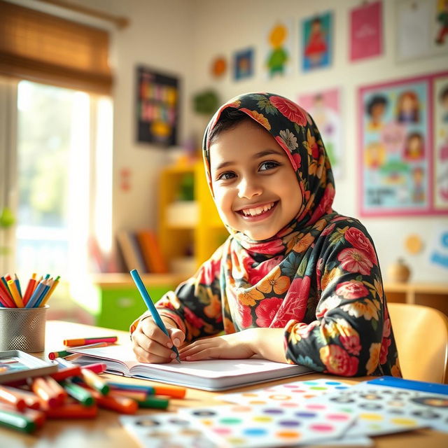 A joyful young girl wearing a vibrant, floral-patterned hijab, sitting at a desk with a big smile on her face while writing in her colorful notebook