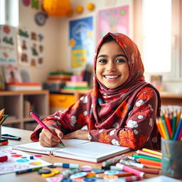 A joyful young girl wearing a vibrant, floral-patterned hijab, sitting at a desk with a big smile on her face while writing in her colorful notebook
