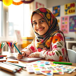 A joyful young girl wearing a vibrant, floral-patterned hijab, sitting at a desk with a big smile on her face while writing in her colorful notebook