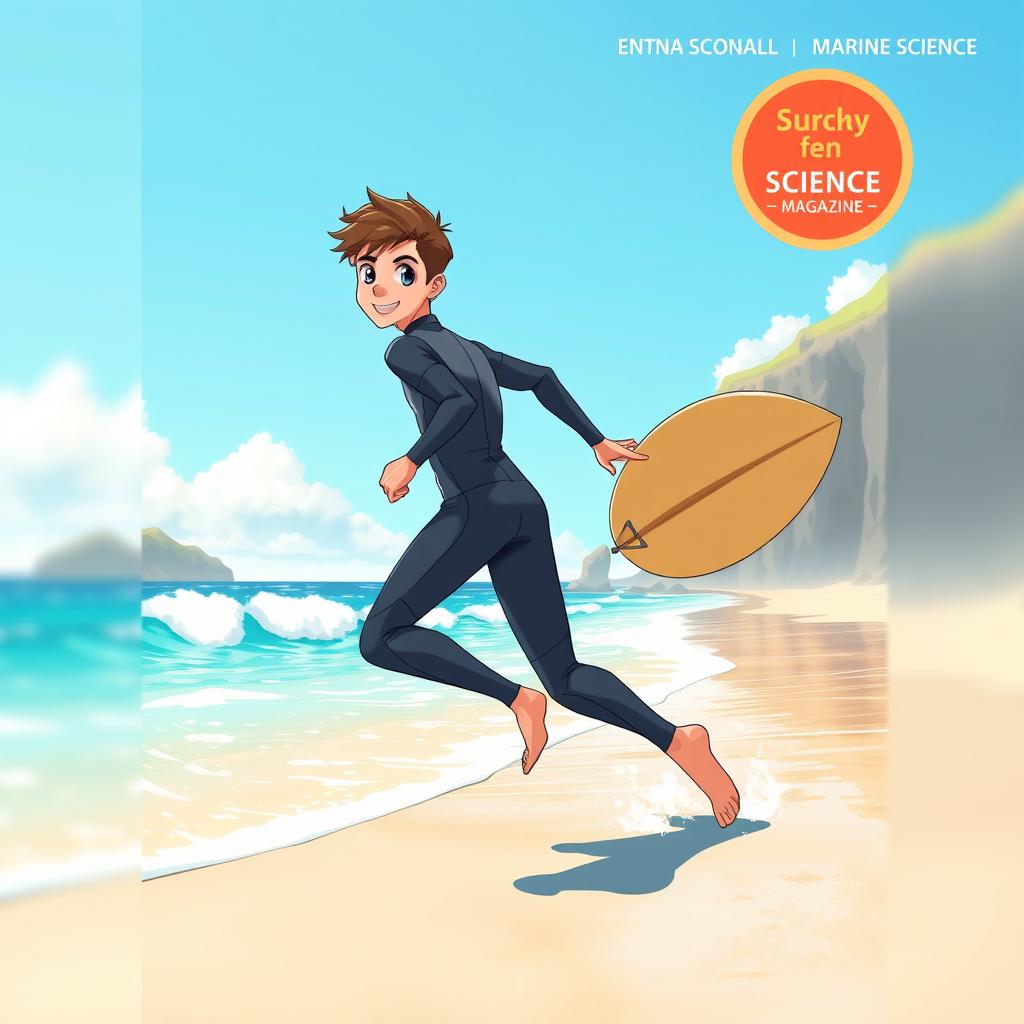 A captivating anime-style cover art for an educational science magazine featuring a friendly, fit teen male surfer in a wetsuit