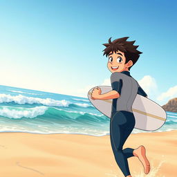 A captivating anime-style cover art for an educational science magazine featuring a friendly, fit teen male surfer in a wetsuit
