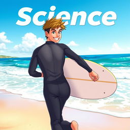 A captivating anime-style cover art for an educational science magazine featuring a friendly, fit teen male surfer in a wetsuit