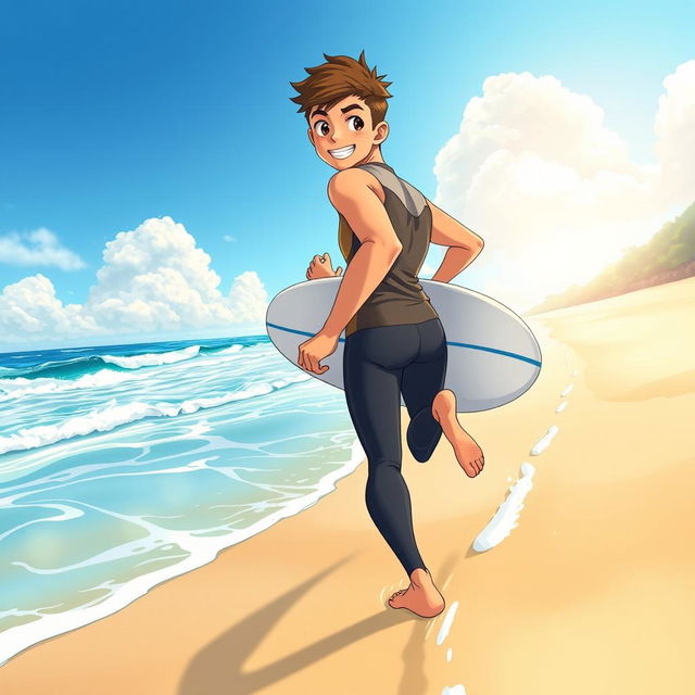 A captivating anime-style cover art for an educational science magazine featuring a friendly, fit teen male surfer in a wetsuit