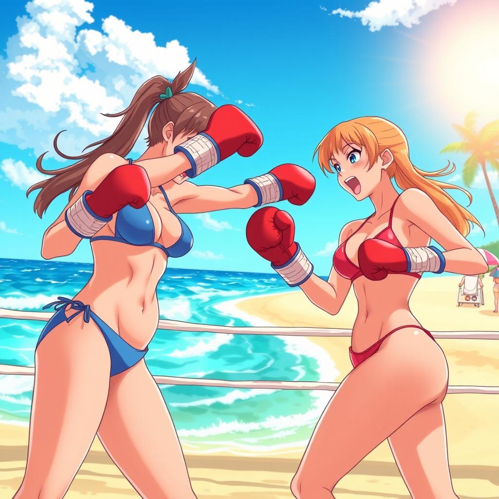 A dynamic scene in an anime style, showcasing two female boxers in a boxing ring set on a vibrant beach