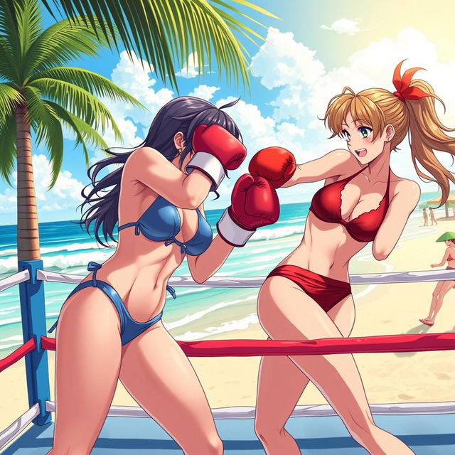 A dynamic scene in an anime style, showcasing two female boxers in a boxing ring set on a vibrant beach