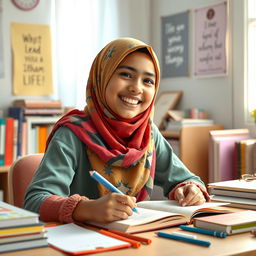 A joyful teenage girl wearing a colorful hijab, sitting at a desk while writing in a notebook