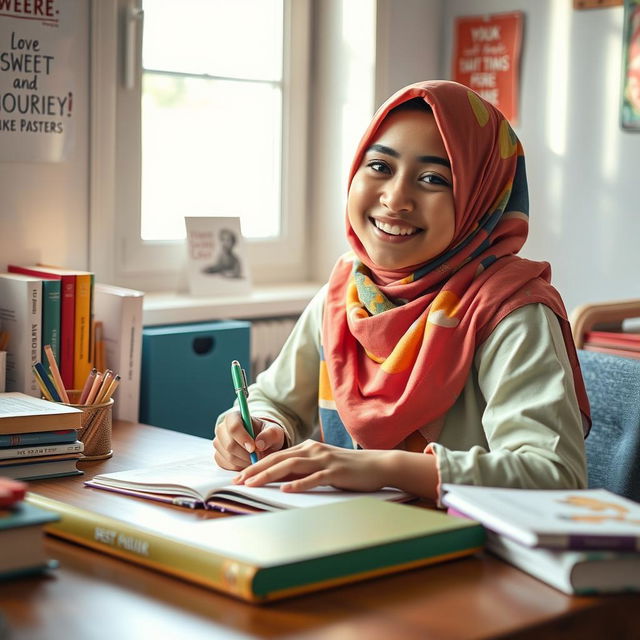 A joyful teenage girl wearing a colorful hijab, sitting at a desk while writing in a notebook