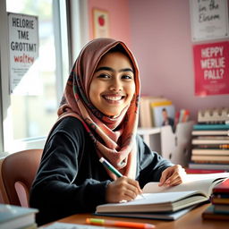A joyful teenage girl wearing a colorful hijab, sitting at a desk while writing in a notebook
