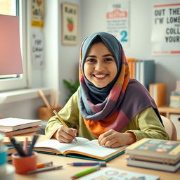 A joyful teenage girl wearing a colorful hijab, sitting at a desk while writing in a notebook