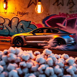 A dynamic scene of a car drifting aggressively against a wall, with vibrant tire skid marks and smoke billowing from the wheels