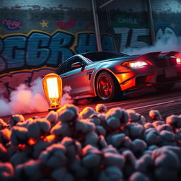 A dynamic scene of a car drifting aggressively against a wall, with vibrant tire skid marks and smoke billowing from the wheels