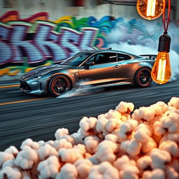 A dynamic scene of a car drifting aggressively against a wall, with vibrant tire skid marks and smoke billowing from the wheels