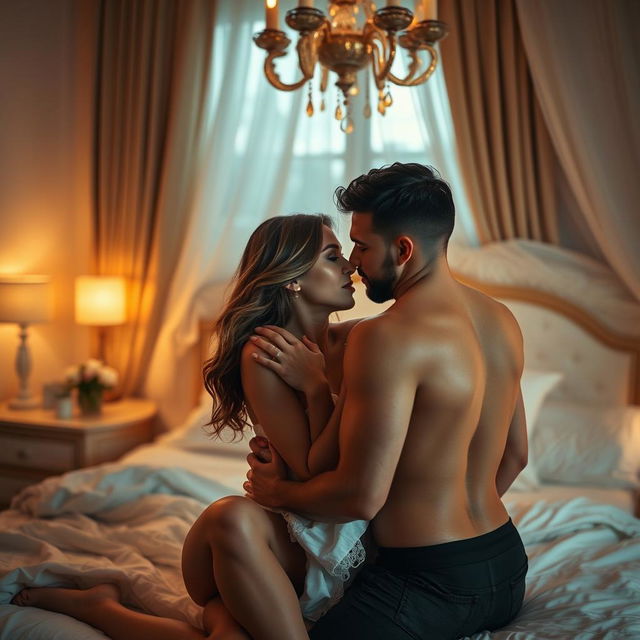 A sensual and intimate scene featuring a couple in a passionate embrace, exploring their connection in a luxurious bedroom adorned with soft, ambient lighting