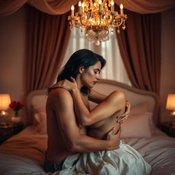 A sensual and intimate scene featuring a couple in a passionate embrace, exploring their connection in a luxurious bedroom adorned with soft, ambient lighting