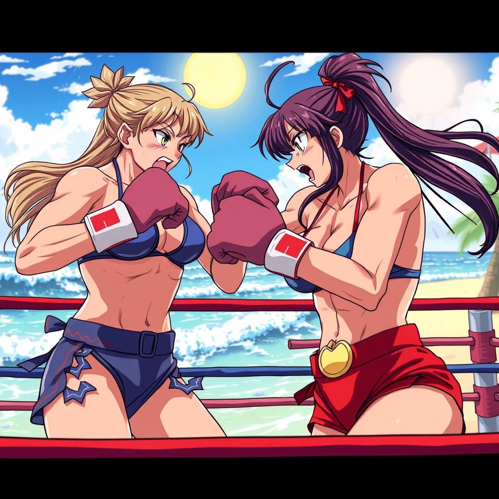 A fierce and intense scene in a colorful anime style, depicting a dramatic boxing match between two female boxers
