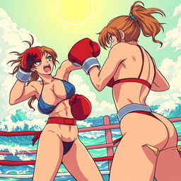 A fierce and intense scene in a colorful anime style, depicting a dramatic boxing match between two female boxers