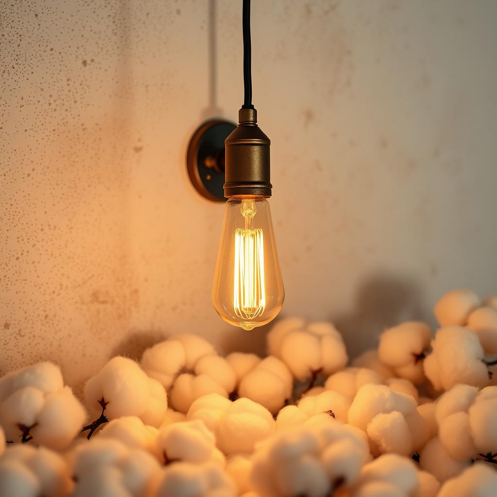 A cozy interior scene featuring a textured wall adorned with a vintage filament lamp casting a warm glow, surrounded by tufts of soft, fluffy cotton
