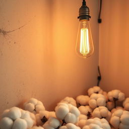 A cozy interior scene featuring a textured wall adorned with a vintage filament lamp casting a warm glow, surrounded by tufts of soft, fluffy cotton