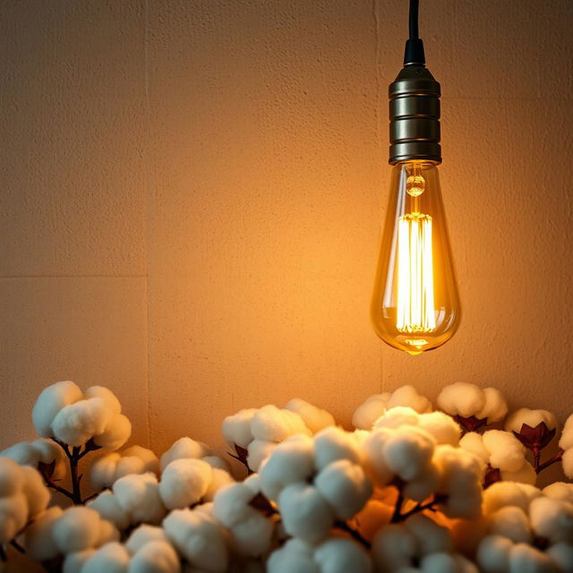 A cozy interior scene featuring a textured wall adorned with a vintage filament lamp casting a warm glow, surrounded by tufts of soft, fluffy cotton