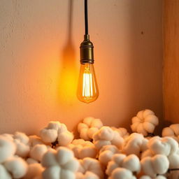 A cozy interior scene featuring a textured wall adorned with a vintage filament lamp casting a warm glow, surrounded by tufts of soft, fluffy cotton