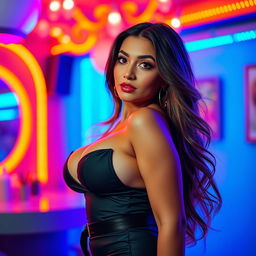 A beautiful woman with large breasts, posing confidently in a stylish outfit, showcasing her curves
