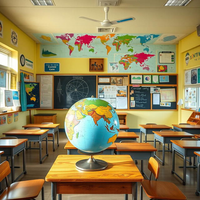 A vibrant classroom setting featuring colorful maps on the walls and a large globe prominently placed on a wooden table