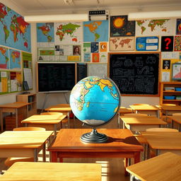 A vibrant classroom setting featuring colorful maps on the walls and a large globe prominently placed on a wooden table