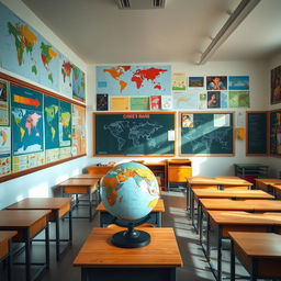 A vibrant classroom setting featuring colorful maps on the walls and a large globe prominently placed on a wooden table