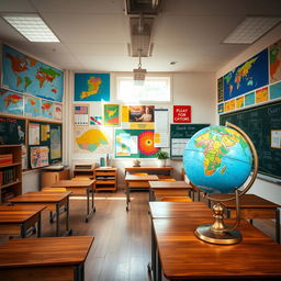 A vibrant classroom setting featuring colorful maps on the walls and a large globe prominently placed on a wooden table