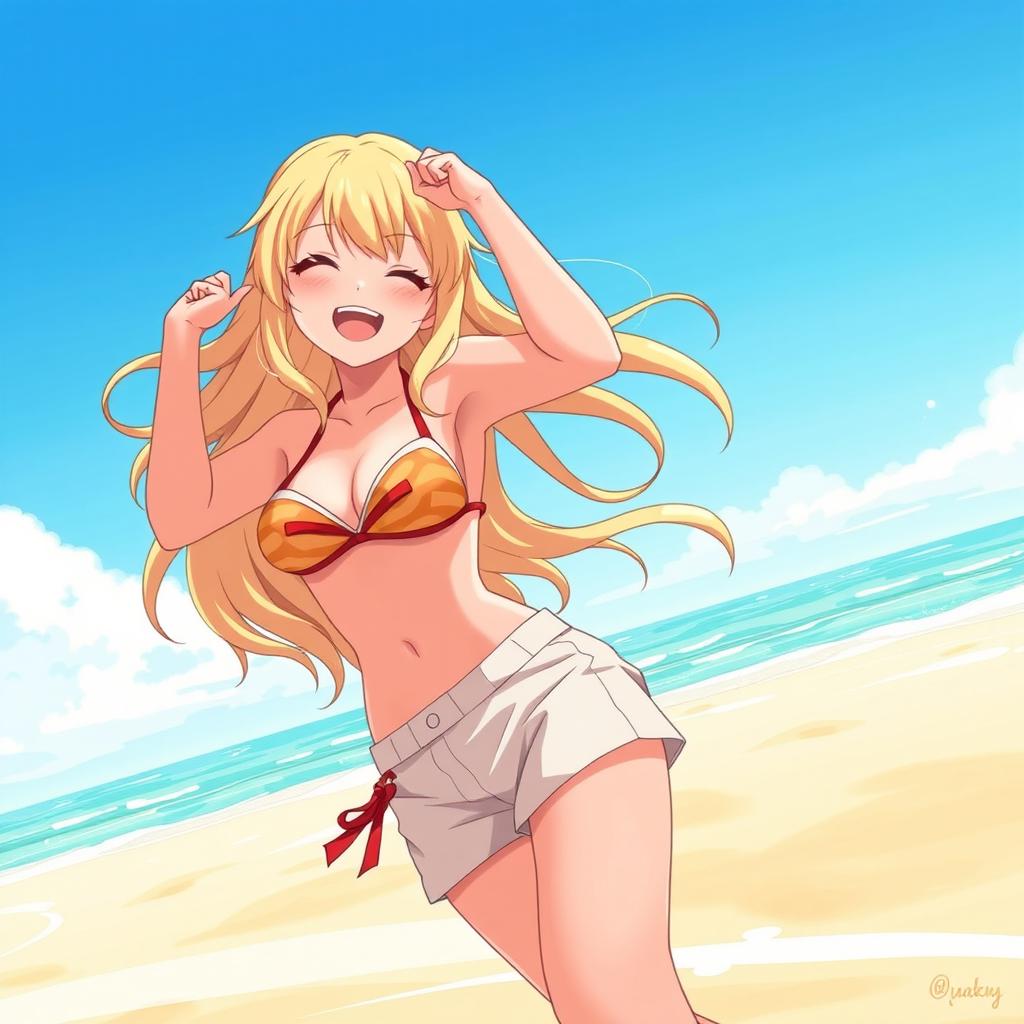A detailed illustration of Yang Xiao Long from the animated series RWBY, joyfully posing in a stylish bikini and boxer shorts