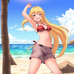 A detailed illustration of Yang Xiao Long from the animated series RWBY, joyfully posing in a stylish bikini and boxer shorts