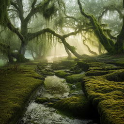 A serene landscape with deep-green moss covering ancient cobblestone paths, an ethereal fog settling over towering trees, crossing a small babbling brook glistening under the early morning sun rays.