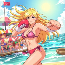 An action-packed illustration of Yang Xiao Long from the animated series RWBY, expertly boxing while wearing a stylish bikini