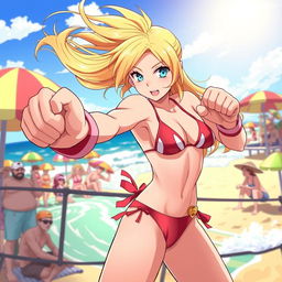 An action-packed illustration of Yang Xiao Long from the animated series RWBY, expertly boxing while wearing a stylish bikini
