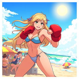 An action-packed illustration of Yang Xiao Long from the animated series RWBY, expertly boxing while wearing a stylish bikini
