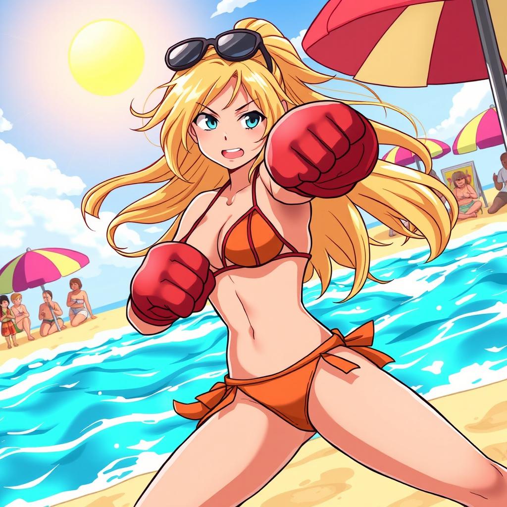An action-packed illustration of Yang Xiao Long from the animated series RWBY, expertly boxing while wearing a stylish bikini